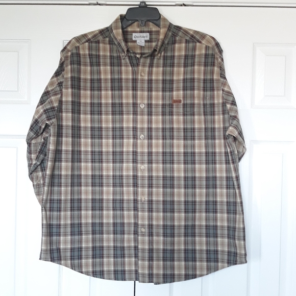 Carhartt men's button up work shirt long sleeve cotton brown plaid size XL - Picture 2 of 14
